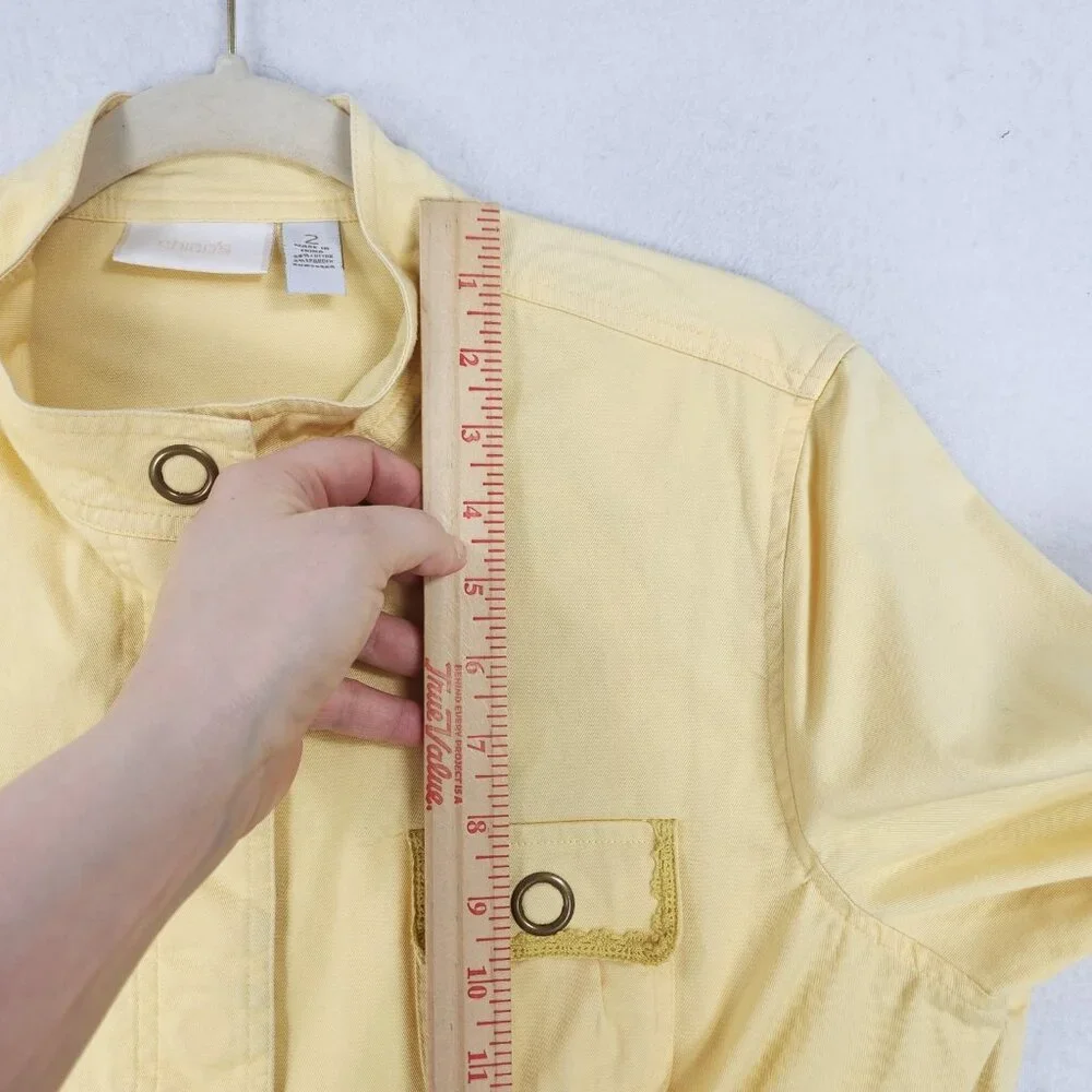 Chicos Jacket Womens 2 Yellow 12 Snap Front Ruffle Utility Casual Classic
